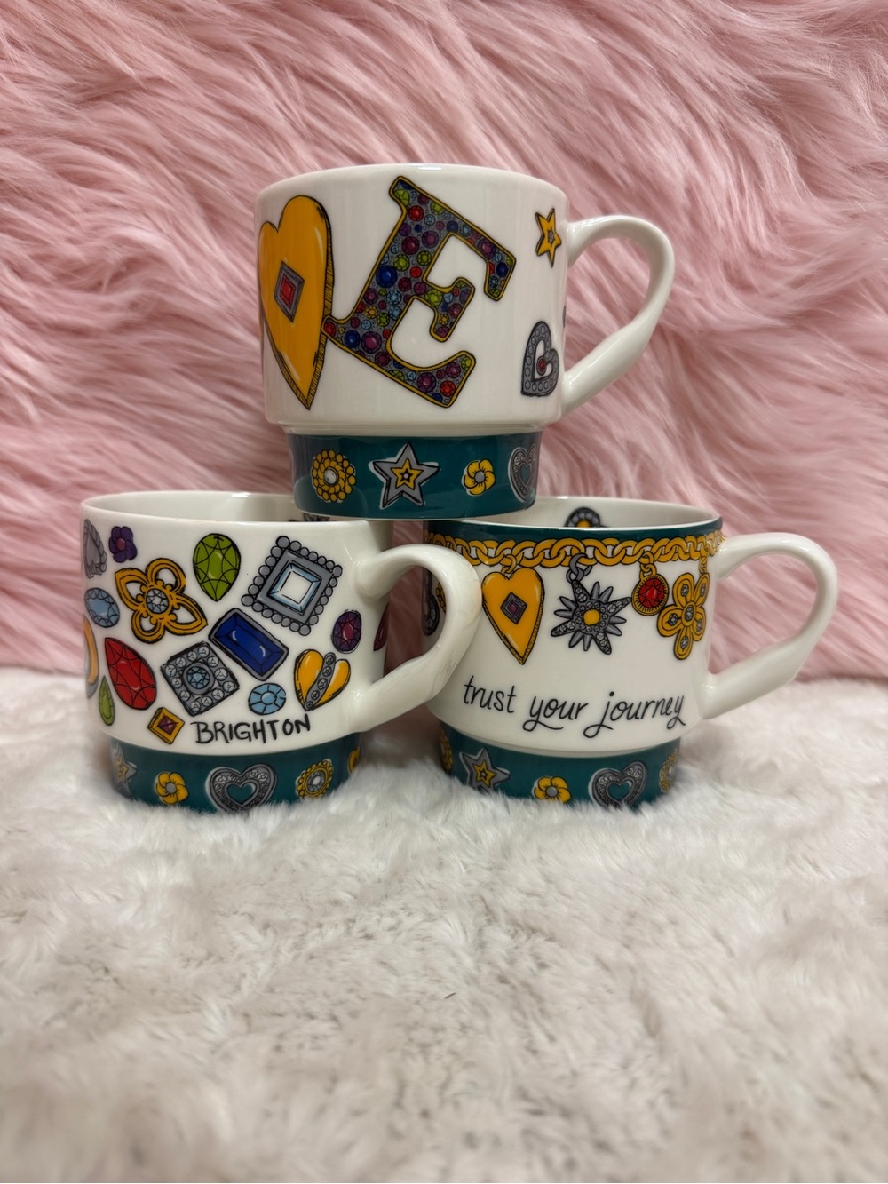 Brighton White Ceramic Mugs with Pink, Teal & Yellow Accents